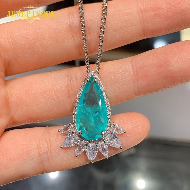 

Jewepisode Solid Silver 925 Jewelry Set Paraiba Tourmaline Emerald Gemstone Pendant Necklace Earrings Sets Women Fine Jewelry