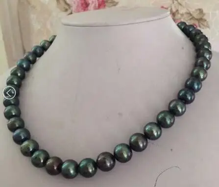 

noble jewelry gorgeous AAA 10-11 mm round black green pearl necklace 14k