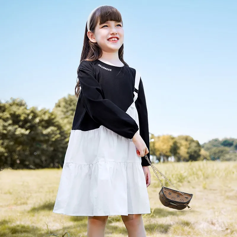 

Fashion Patchwork Style Dress For Girls Autumn Spring Long Sleeve Mid Length Princess Gowns Children Casual Dresses 5- 14 Years