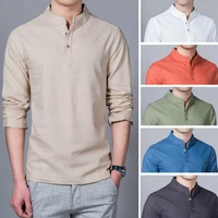 jddton 2020 new men spring cotton linen kimono shirt long sleeve solid leisure chinese clothes casual stand collar shirts je039