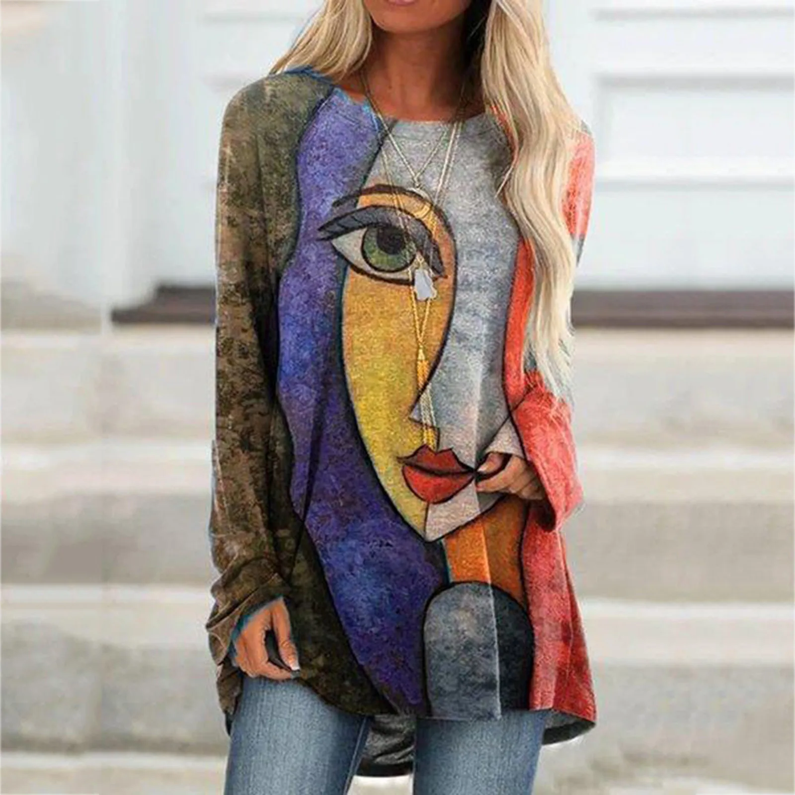

Plus Size Fashion Abstract Printed Blouse Autumn Winter Ladies Casual Loose Tops Female Women Long Sleeve Shirt Blusa Pullover