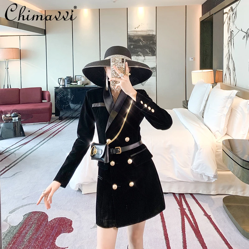 

Elegant Mini Dress 2021 New Autumn Fashion Socialite High-end Black Slimming Dress Suit Collar Double Breasted Long Sleeve Dress