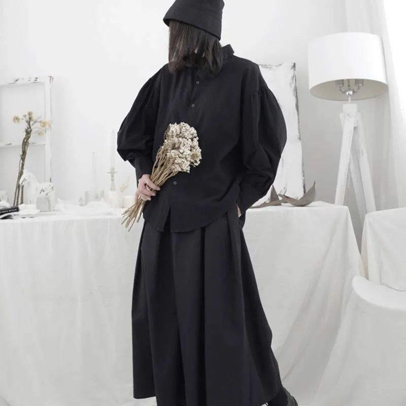 

[EAM] Women Black Brief Big Isze Blouse New Lapel Long Puff Sleeve Loose Fit Shirt Fashion Tide Spring Summer 2021 1W312