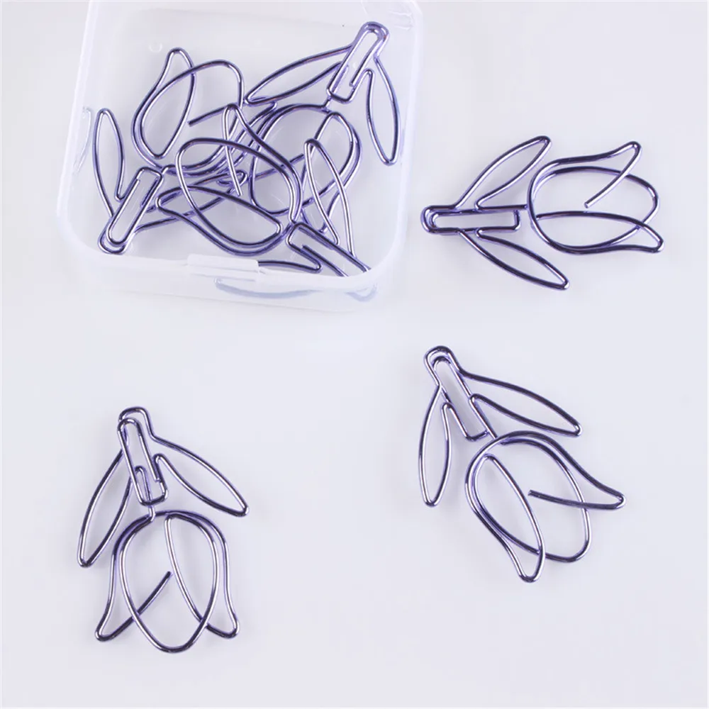 

12pcs/box Purple Paper Clip Tulip Shaped Bookmark Stationery For Diy Diary Album Office Student Marking Clips