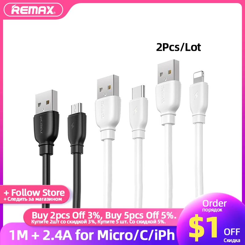 

Remax 2Pcs/Lot Original Fast Charging USB Data Cable 1M 2.4A Phone Lightning Type C Micro USB Cable for IPhone IPad Wire Cord