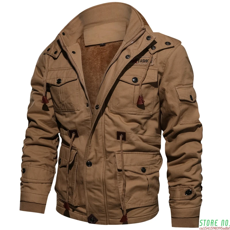 

Winter Parkas Mens Casual Thick Warm Bomber Jacket Mens Outwear Fleece Hooded Multi-pocket Tactical Military Jackets Overcoat