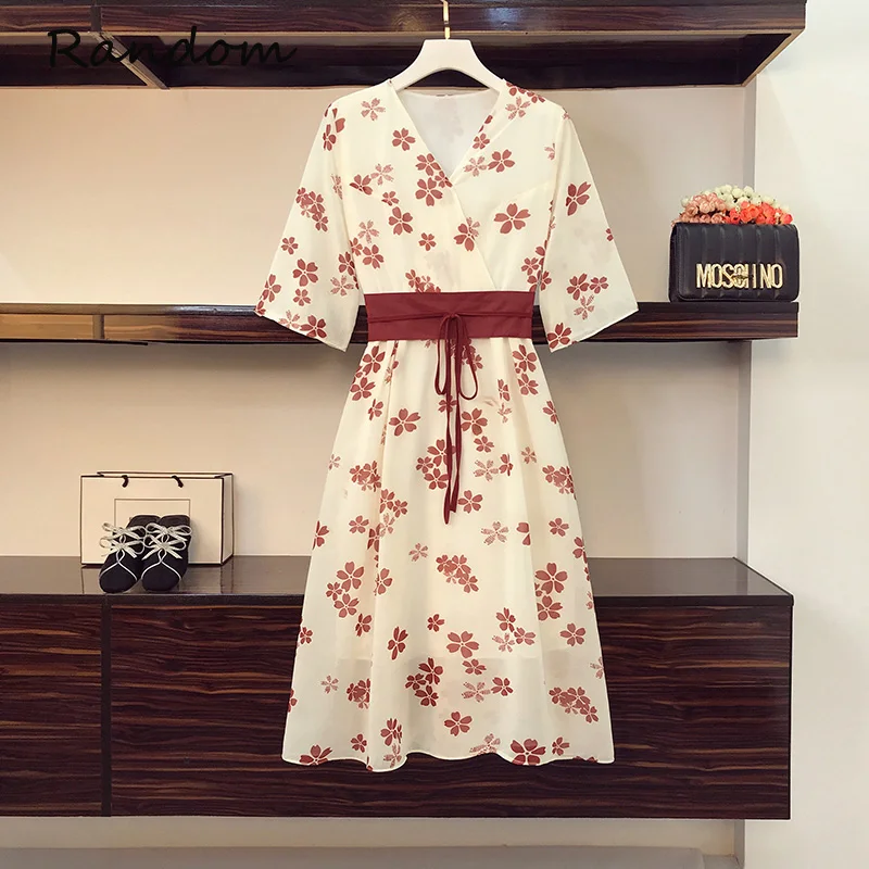 

2021 Новая мода Цветочный принт винтажное шифоновое платье для женщин с v-образным вырезом кимоно трапециевидной формы вечерние платья с пояс...
