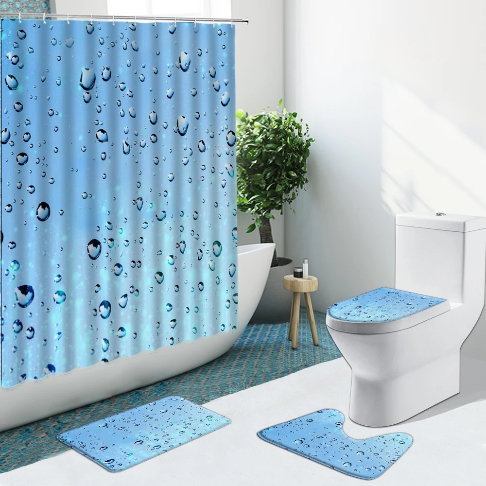 

Creative Water Drops Shower Curtain 4pcs Set Glass Raindrop Bubble Blue Anti-Slip Rugs Toilet Cover Bathroom Curtains Bath Mat
