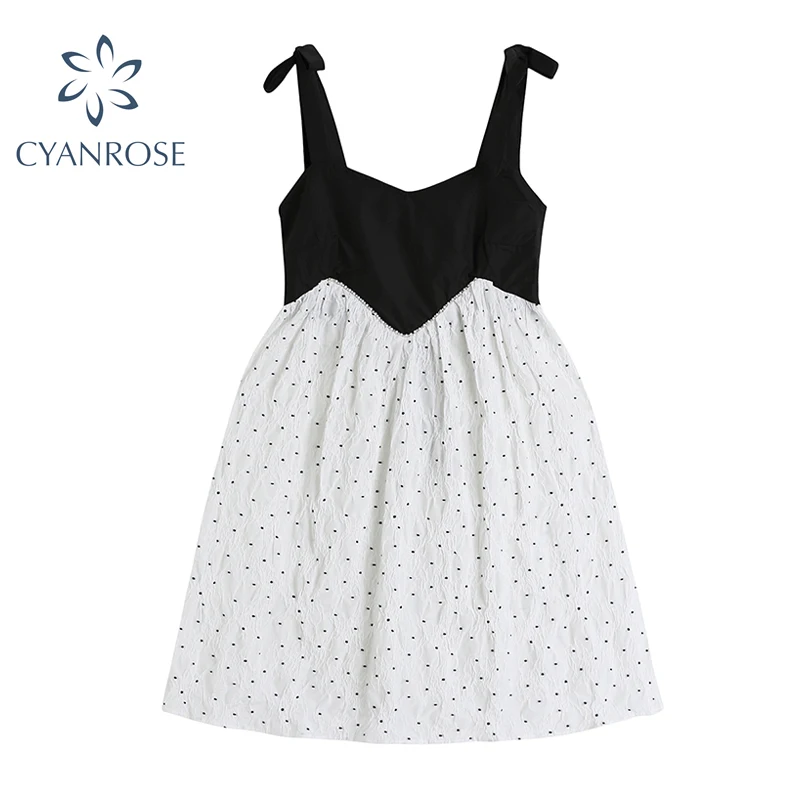 

Korean Sweet Suspender Dress Women's Backless Bow Design Splicing Wave Point Printed Female Cute Short Dresses 2021 Summer New