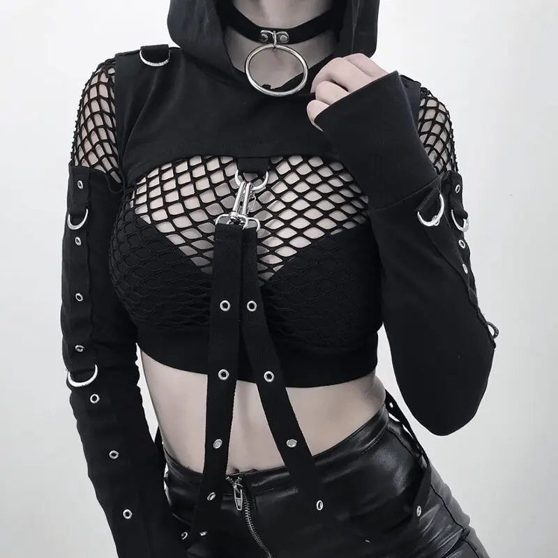 Black hHole Cold Shoulder Hooded Hoodies Women Gothic Sexy Autumn Long Sleeve Crop Tops Lady Cool Chain Fashion Clothes Loose