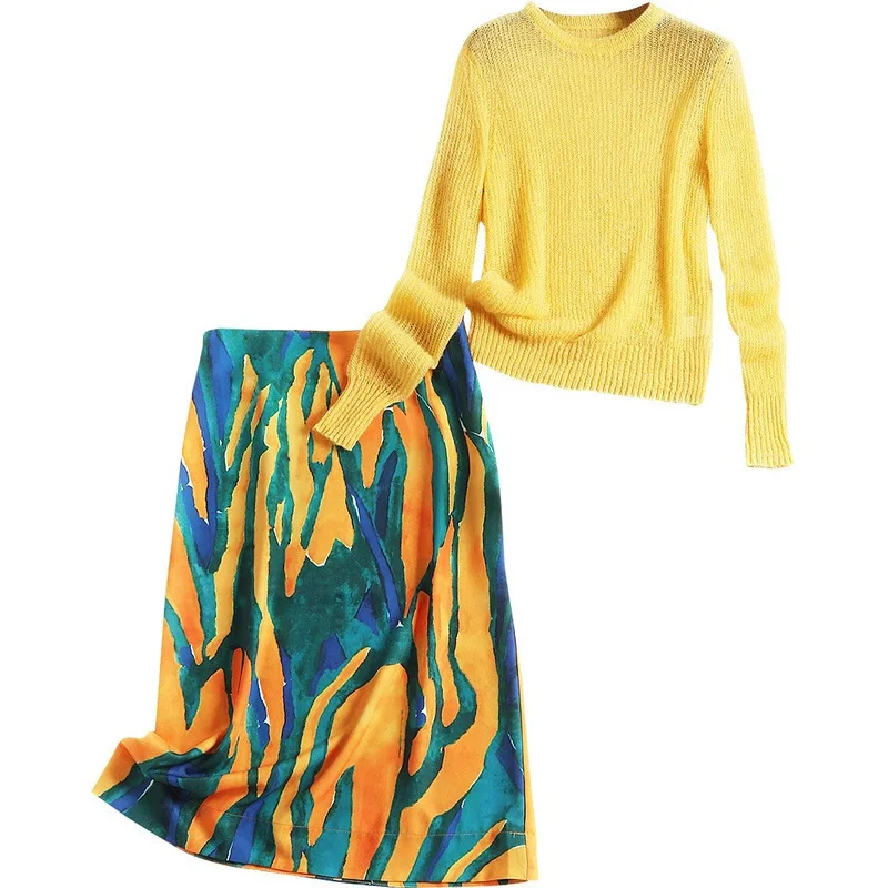 Women winter sweater mohair knitted pullovers+ goemtric print penscil skirt suit office elegant two piece set yellow