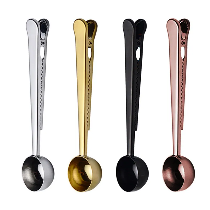 

Two in One Stainless Steel Coffee Spoon Sealing Clip Golden Kitchen Accessories Food Sealing Clip Decorative Measuring Spoon