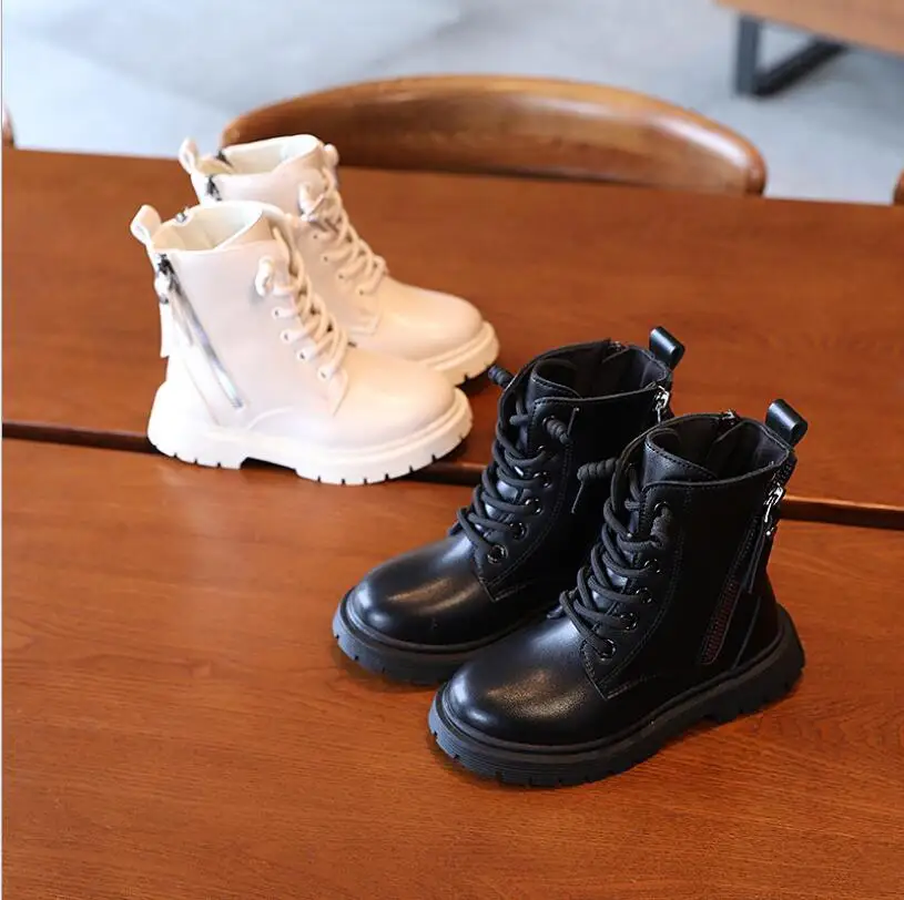 

Children leather boots Autumn Winter black Martin boots boys handsome mid-high ankle boots girls fashion double zipper boots