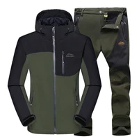 men autumn winter outdoor softshell warm fleece suit hooded waterproof skiing jacket trekking camping climbing jacket pants