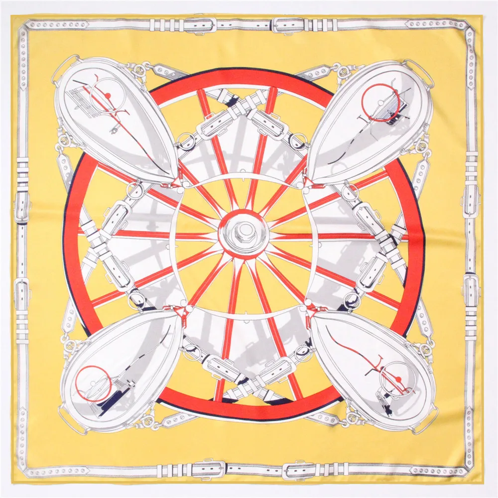 

POBING Manual Hand Rolled Twill Silk Scarf Women Wheel Belt Print Square Scarves Echarpes Foulards Femme Wrap Bandana Hijab 90CM