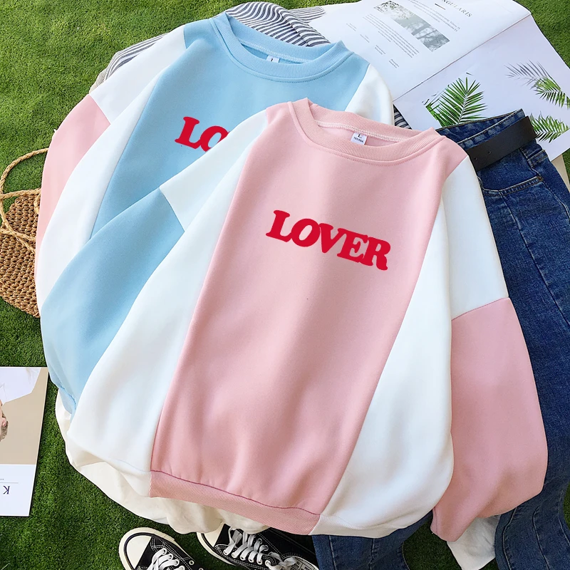 

Autumn Winter Women's Fleece Spell Color Stitch Hoodies O-neck Lover Letter Print Korean Kpop Fashion Female Pullover Sweatshirt