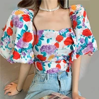 women square neck lantern sleeve lace up sexy shirts female summer floral printed blouses streetwear crop tops blusas mujer