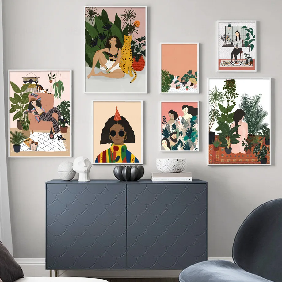 

Abstract Fashion Vintage Girl Tiger Leaves Wall Art Canvas Painting Nordic Posters And Prints Wall Picture For Living Room Decor