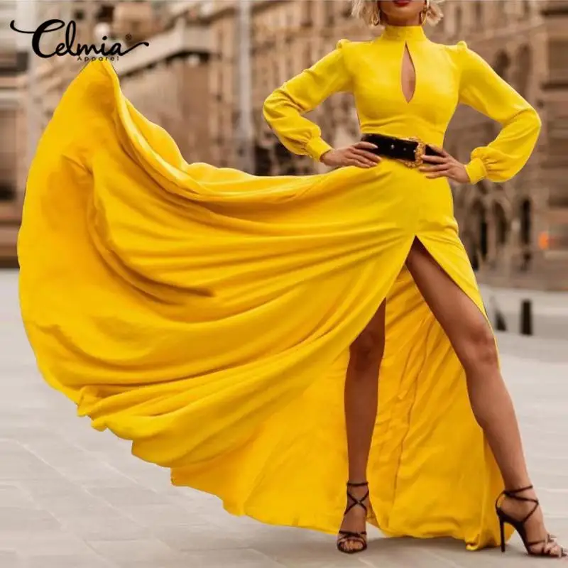 

Celmia Elegant Streetwear Maxi Dress 2022 Fashion Spring Summer Vacation Slit Swing Dress Women Sexy Hollow Chest Party Vestidos