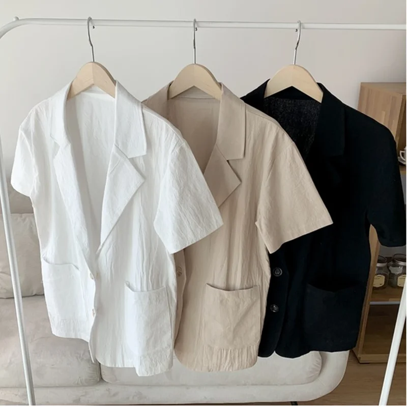 

Elegant Women Blazers 2021 Summer Office Lady Cotton Solid Coats Casual Short Sleeve Loose Lapel Outwears