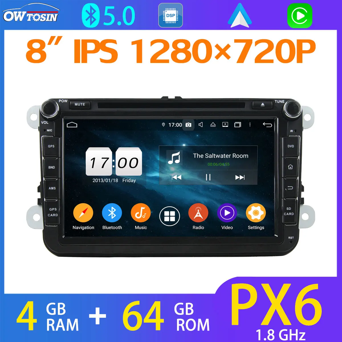 8 &quotIPS 1280*720P PX6 4G + 64G Автомобильный DVD мультимедийный плеер для VW T5 Caddy SEAT Toledo SKODA