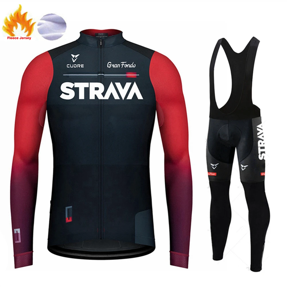 

2022 STRAVA Winter Thermal Fleece Cycling Jersey Sets Men Outdoor MTB Jersey Bike Maillot Ropa Ciclismo Long Cycling Clothing