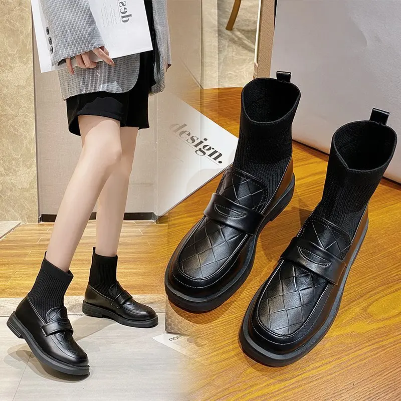 

Autumn Winter Wool Mouth Riding Boots Women's British Style Thin Socks Boots Women All-match Black Motorcycle Short Boots