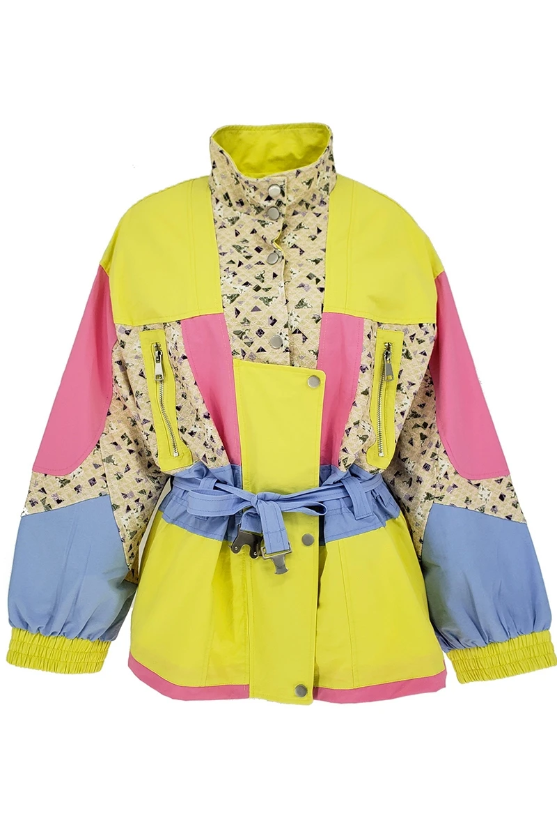 

New Super Popular Plaid Stitching Contrast Color Lace-up Stand Collar Niche Wind-Breaker Spring Thin Handsome Jacket