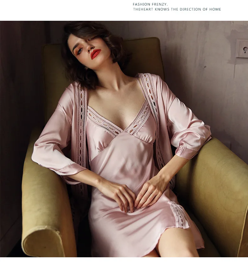 

Sexy Robes Long Lace Dress Women's Pajamas Sets Hanging Skirt Nightgown Split Nightdress Chinese Hollow Home Clothes 2 Piece Set