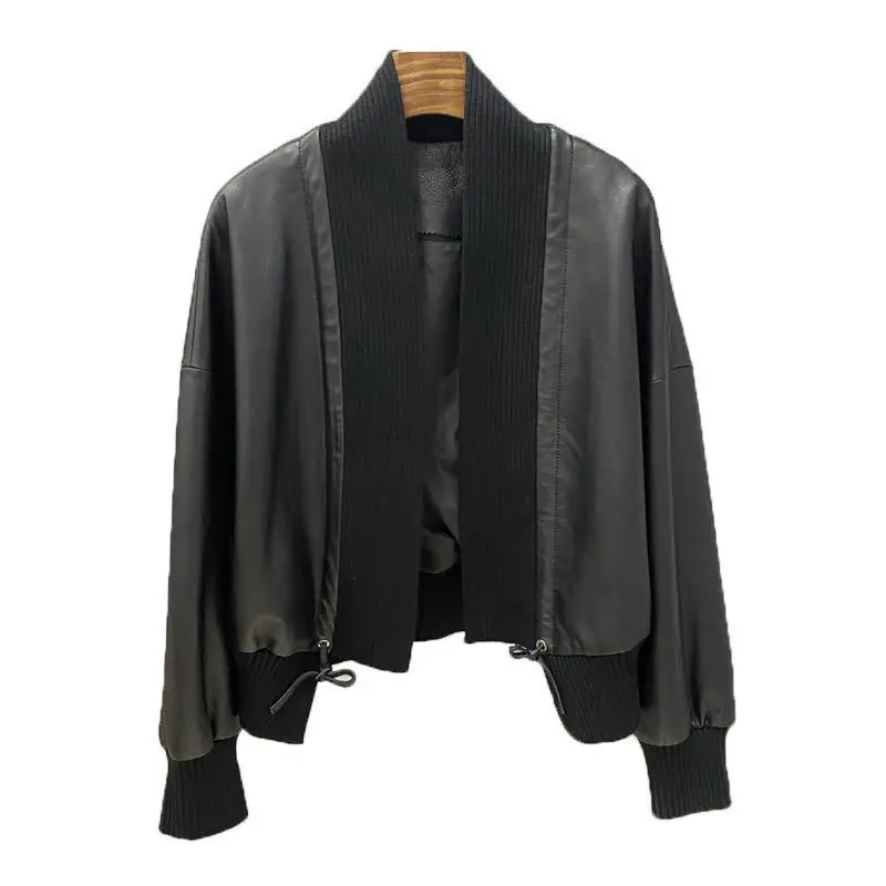 

New style leather jacket ladies short loose lambskin cardigan motorcycle jacket Korean version