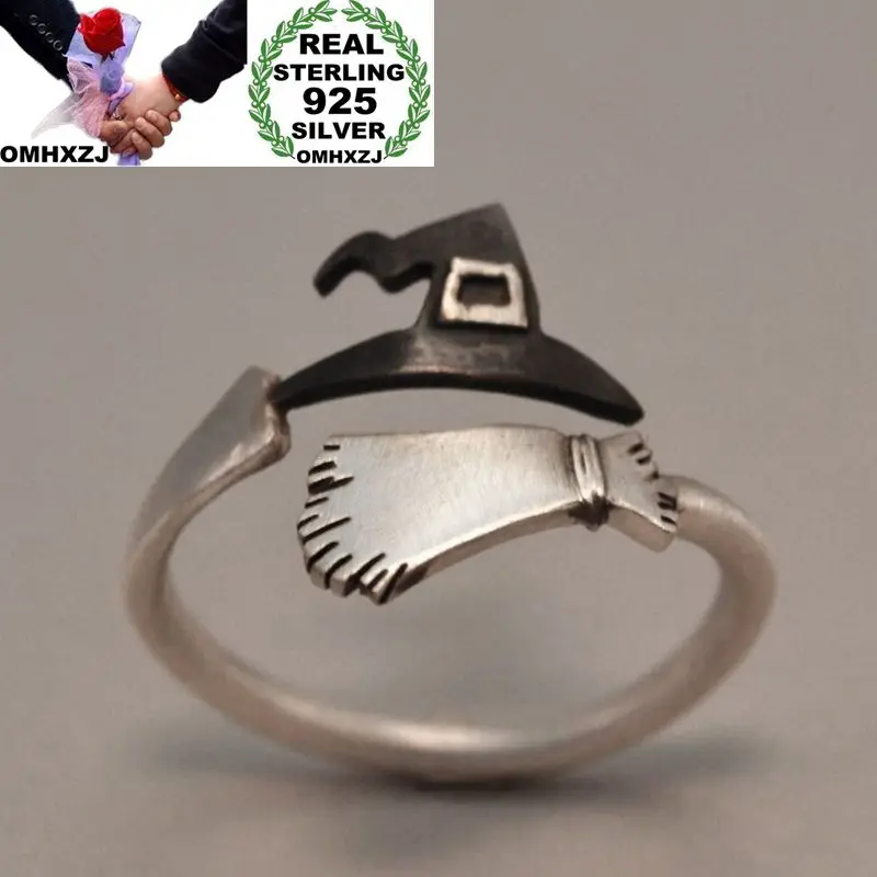 

OMHXZJ Wholesale European Fashion Woman Man Party Wedding Gift Silver Witch Hat Broom Open 925 Sterling Silver Ring RR270