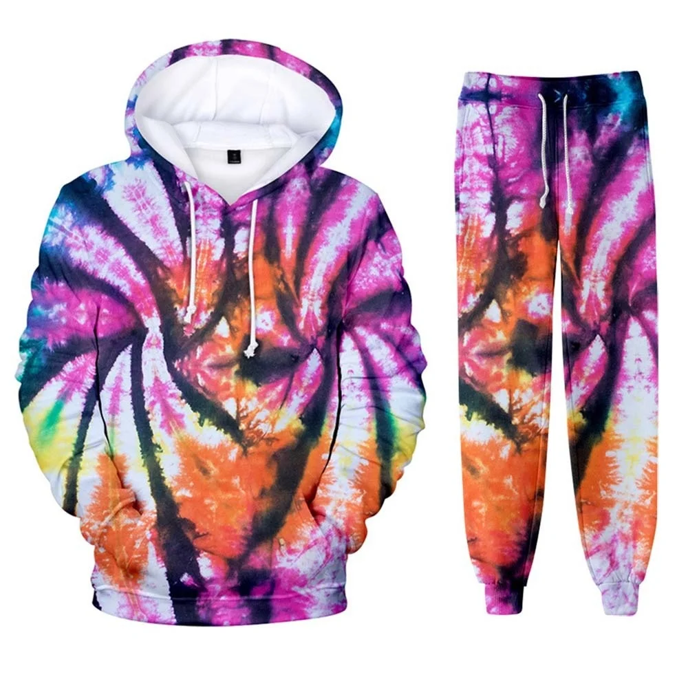 Tie-dyed 3D Hoodies Sweatpants Two Piece Suit Pullovers Colorful Casual Sweatshirts Pants Set Sportswear Tracksuit 2021 Outfits