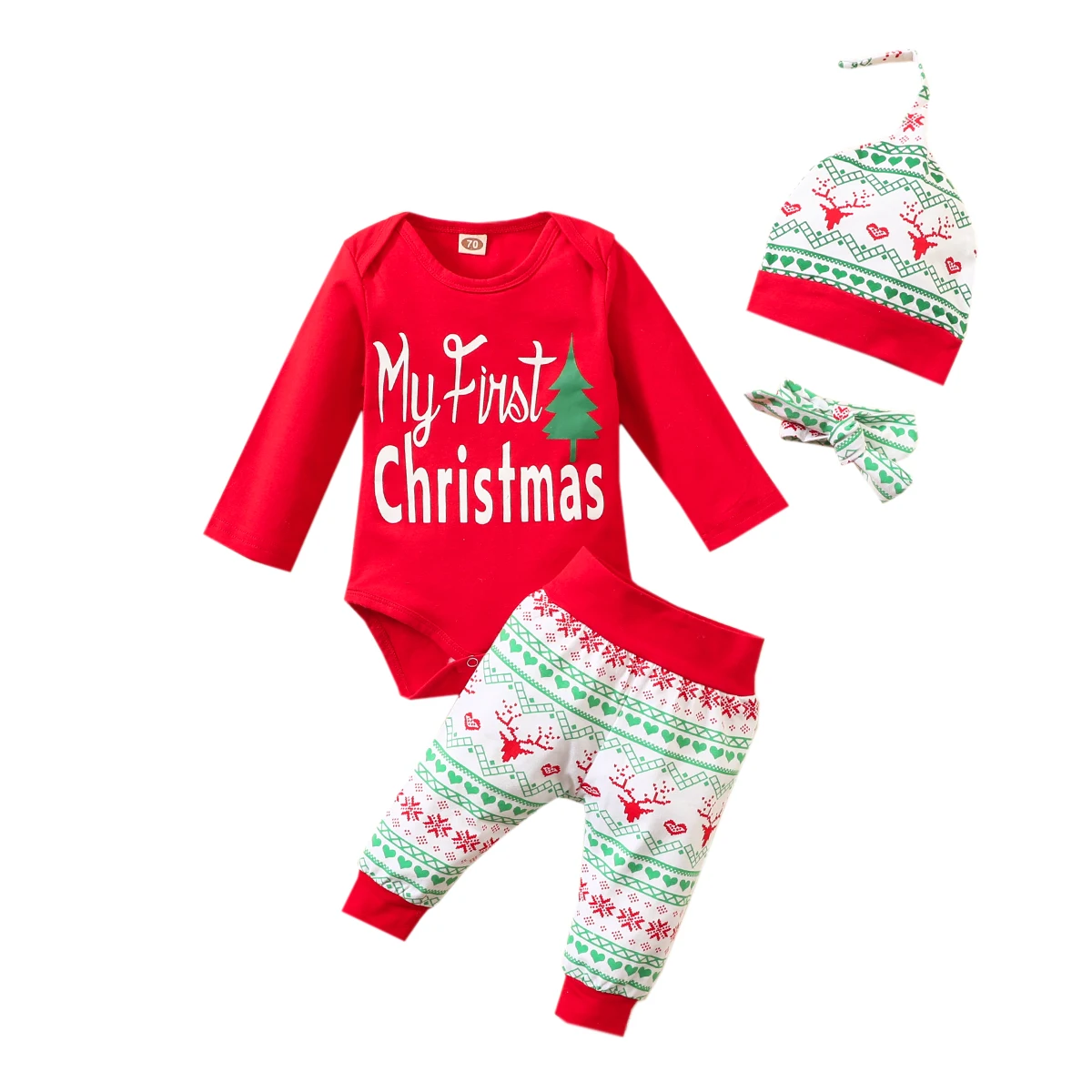 

4 Pcs Newborn Christmas Outfits Infant Baby Cotton Long Sleeve Round Neck Letter Romper + Print Trousers + Hat + Headband Set