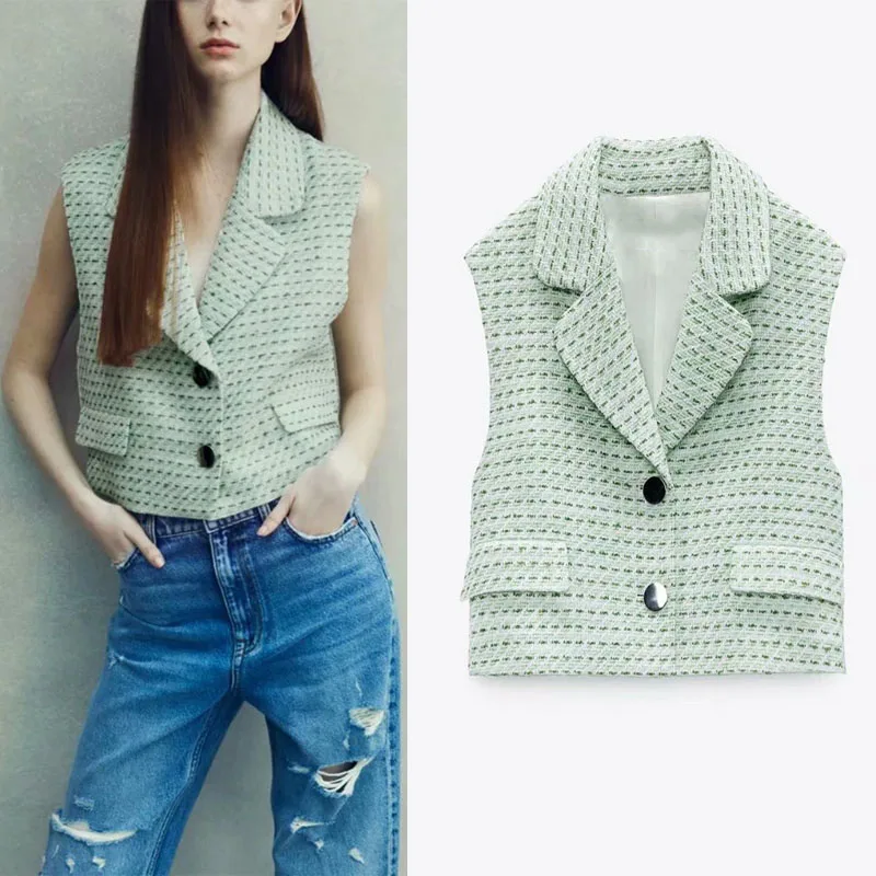 

Za Summer Sleeveless Blue Vest Tops Lapel Stripe Front Row Button Chic Fake Pocket Desgin Vest Casual Fashion Texture Short Vest
