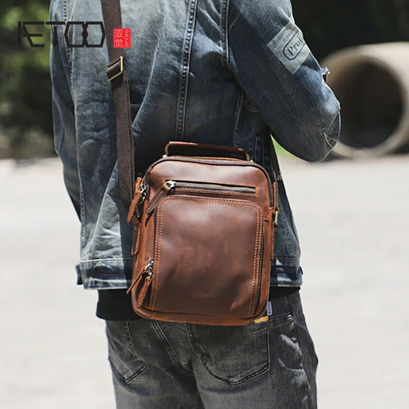 AETOO Cowhide men's handbag, crazy horse leather retro shoulder bag, casual business messenger bag