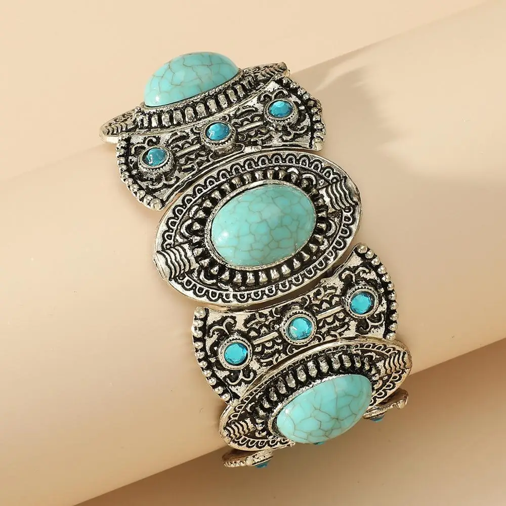Женский браслет из металлического сплава, бирюзовый браслет с овальным камнем в ретро-стиле, массивное Ювелирное Украшение в богемном стиле