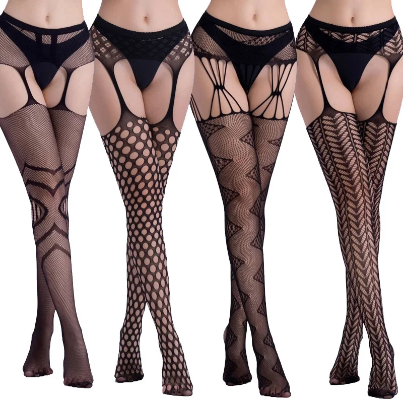 Женские подвязки с поясом эластичные чулки в полоску черные сетчатые прозрачные