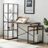 home office computer desk with 5 tier bookshelf and 2 storage shelfdrafting drawing table with tiltable desktopbrown