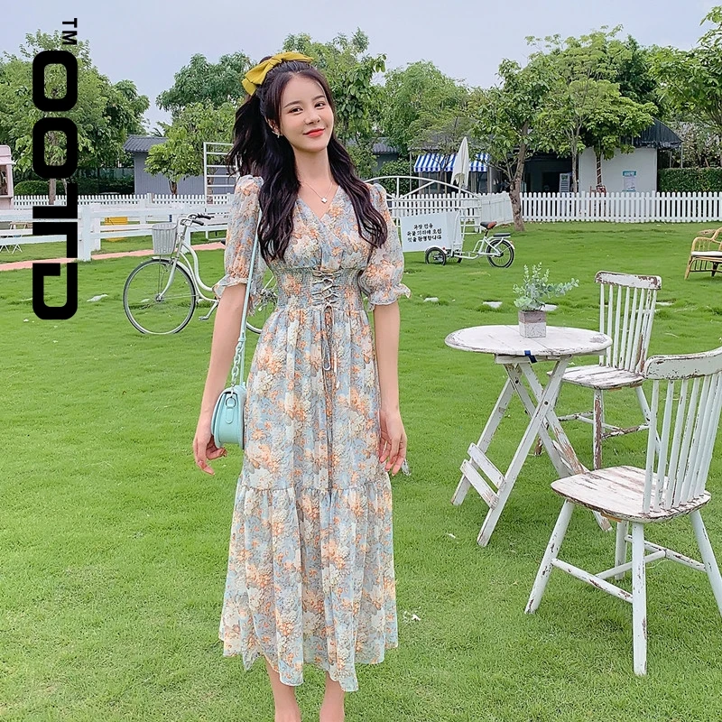 

OOTD Women Long Vintage Chiffon Floral Dress Summer Runway Elegant Korean Party Dress Fairy Boho Retro Casual Vacation Dresses