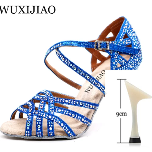 Blue heel 9cm WUXIJIAO/серебристые и Синие стразы; обувь для латинских танцев; женская Обувь для бальных танцев; обувь для вальса на высоком каблуке 9 см; Лидер продаж - Цвет: Blue heel 9cm