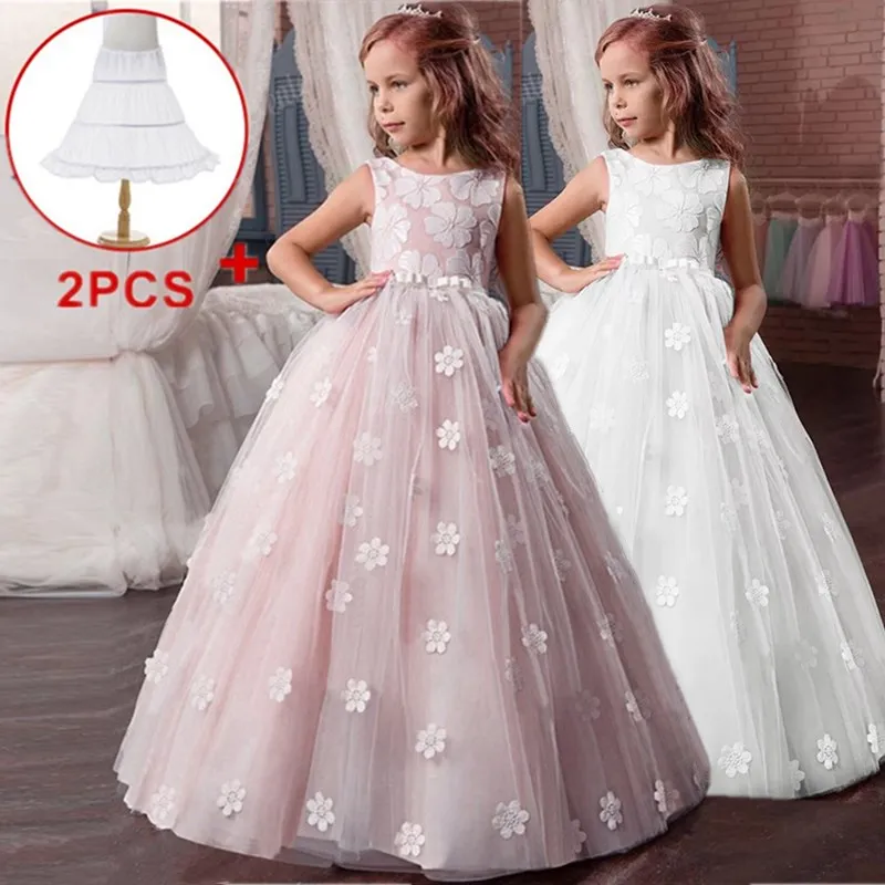 Princess Lace Bow Flower Girl Dresses Sleeveless First Communion Gowns bridesmaid Wedding Party formal Dresses Teen Pageant Gown