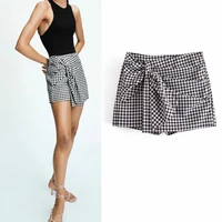women 2021 summer plaid shorts pleated sashes bow tie za fashion female street sweet shorts bottons clothing
