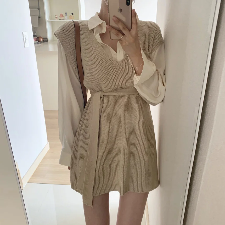 

Autumn Winter Clothes Women V Neck Sleeveless Solid Cozy Casual Long Sweater Vest With Belt Knitted Pullover Sweaters