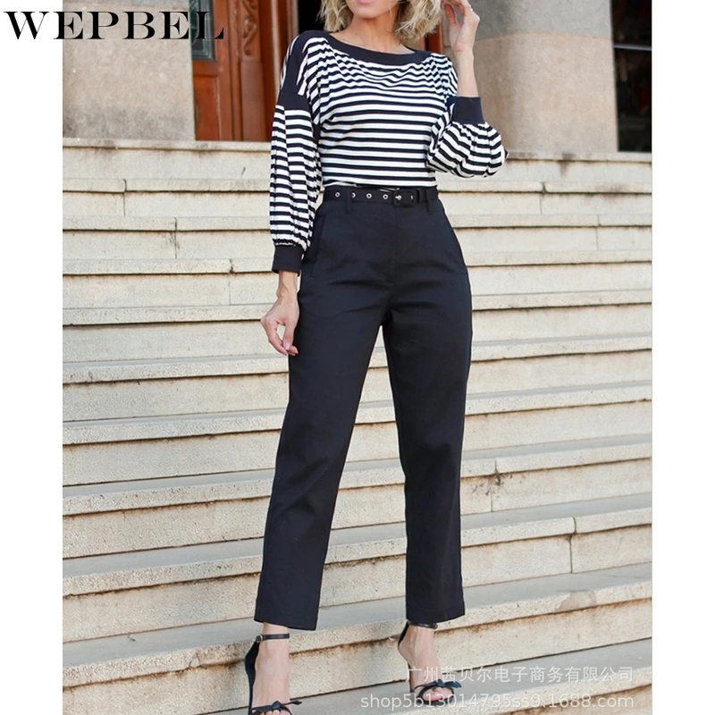 

WEPBEL Casual Loose T-shirt Women's Stripes Pullover T-shirt Tops Autumn Fashion Lantern Sleeve O-Neck T-shirt Top