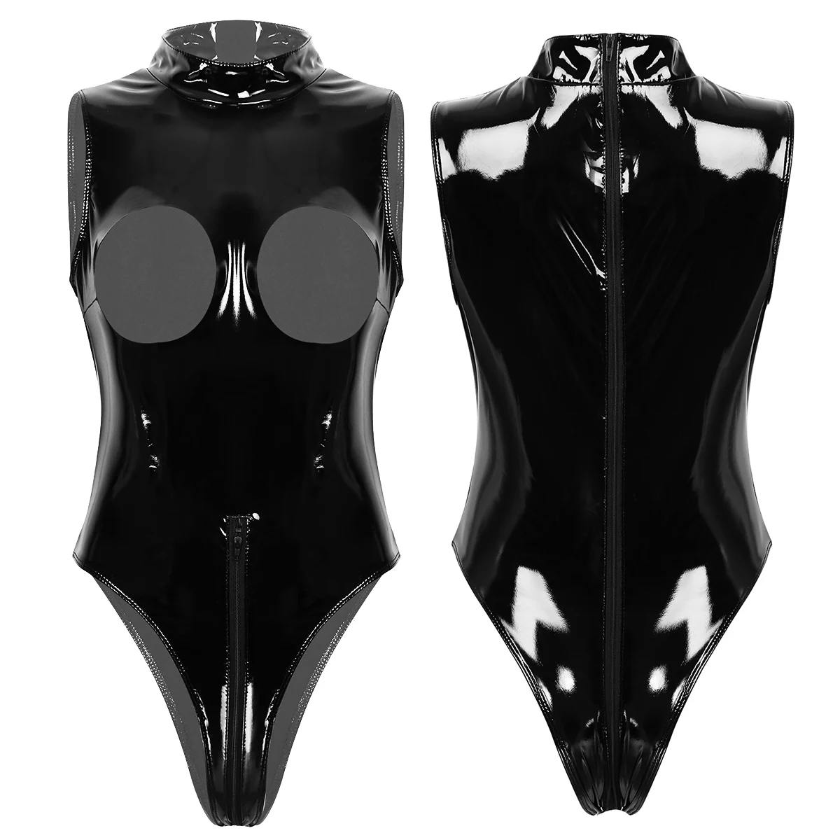 

Womens Wetlook Erotic Bodycon Bodysuit Clubwear Lingerie Leather High Neck Sleeveless Open Exposed Bra Sexy Nightwear Teddies