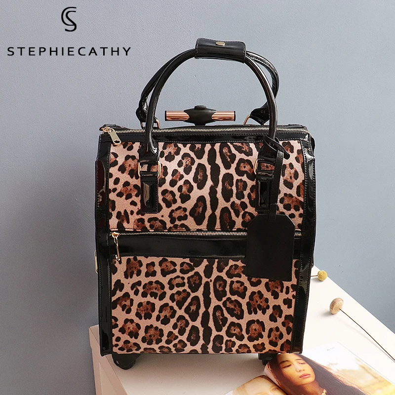 SC Fashion Women Leopard PU Leather Carry on Travel Hand Luggage Bag Trolley Wheels Rolling Ladies Universal Duffle Big Suitcase