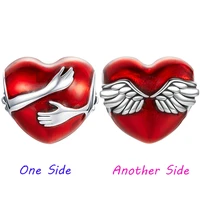 fit original pan cute angel wings charms bracelet red glaze couple hug heart beads diy jewelry for women lover love kid gift