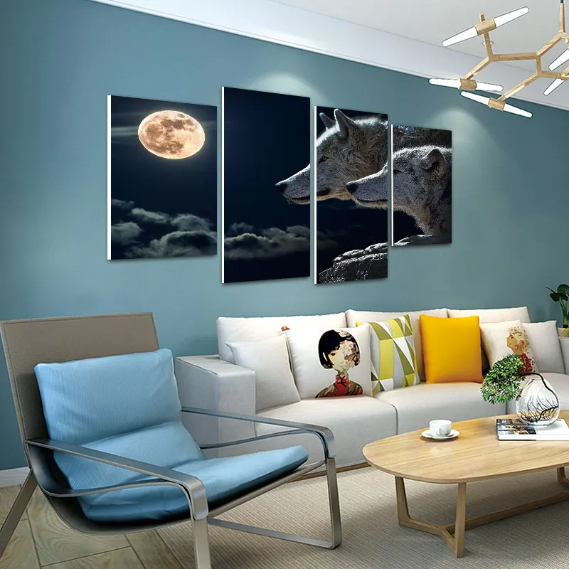 

4 Panels Moonlight Wolf Wall Canvas Painting Office Artwork Gicle Wall Art Pictures For Living Room Decoration Unframed