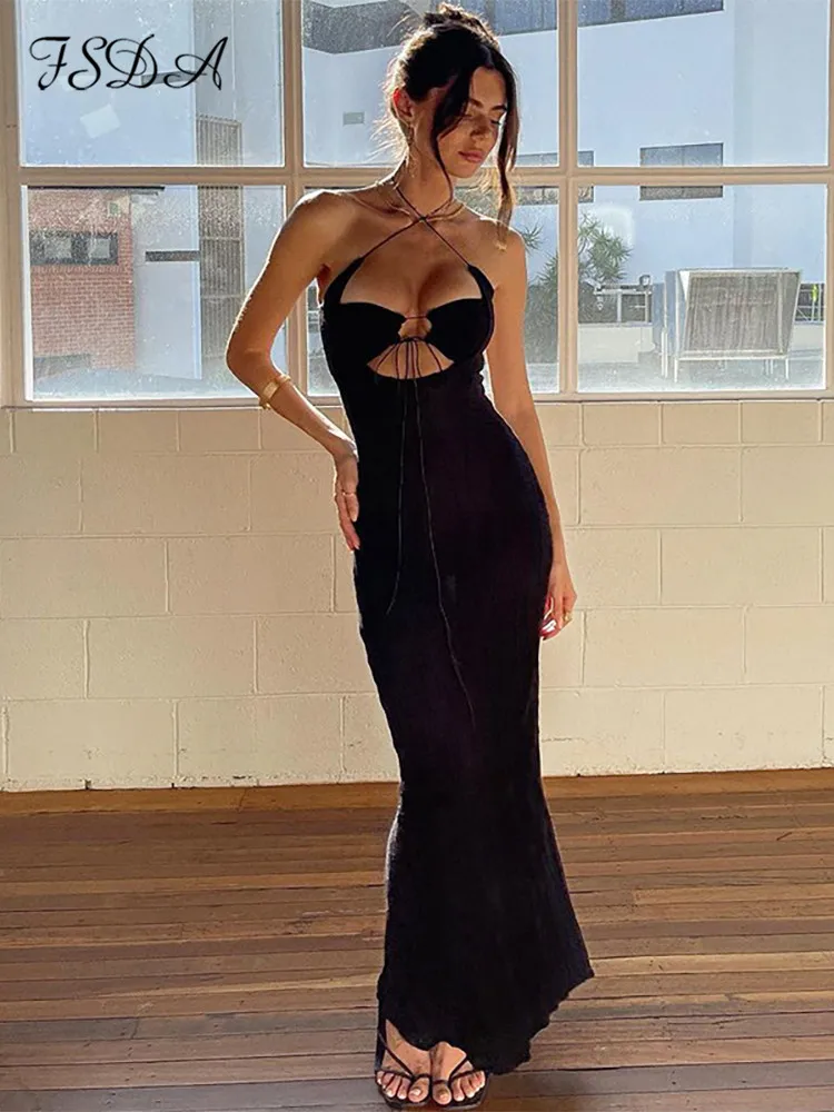 

FSDA Midi Black Sleeveless Women Dress Party Halter Neck 2022 Summer Hollow Out Sexy Club Beach Dresses Bodycon Backless