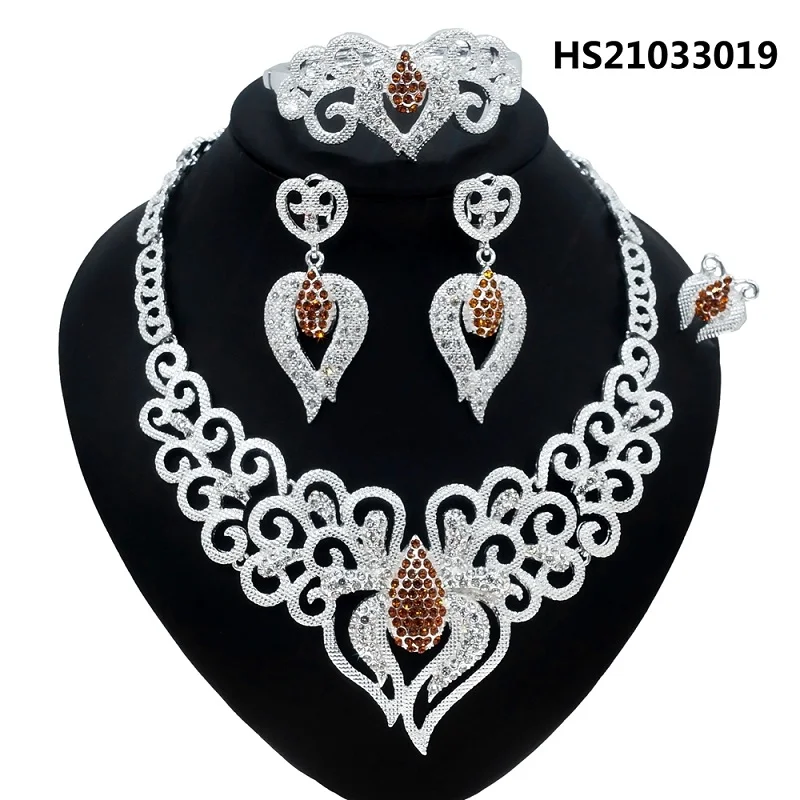 

Yulaili Luxury Dubai Gold Jewelry Sets Crystal Necklace Earrings Bangle Ring For Women Wedding Bridal Party Jewelery Set